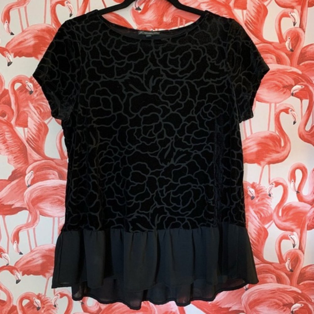 Adrianna Papell Black Velvet Peplum Short Sleeve Top Size Medium